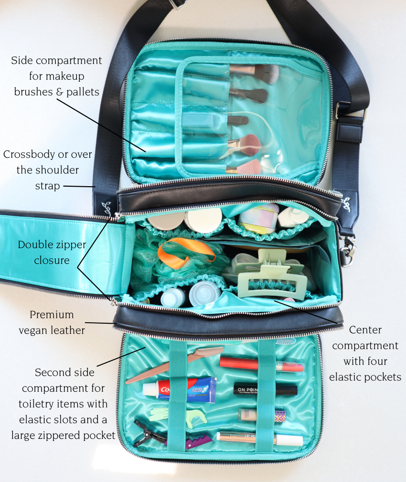 Aven Travel Train Case - Black | White Elm Toiletry & Makeup Organizer Black | Shimmer Aqua Lining Aven Travel Train Case - Black | White Elm Toiletry & Makeup Organizer Black | Shimmer Aqua Lining