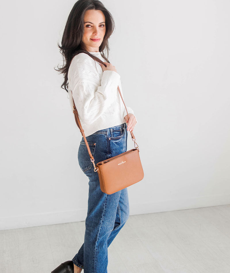 Ara Convertible Crossbody Clutch Bag - Caramel Vegan Leather White Elm
