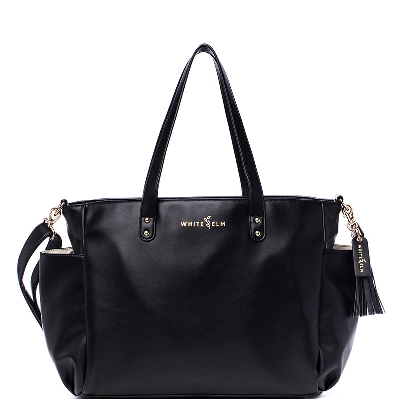 Black Aquila tote bag with premium hardware and logo tassel (gold hardware)