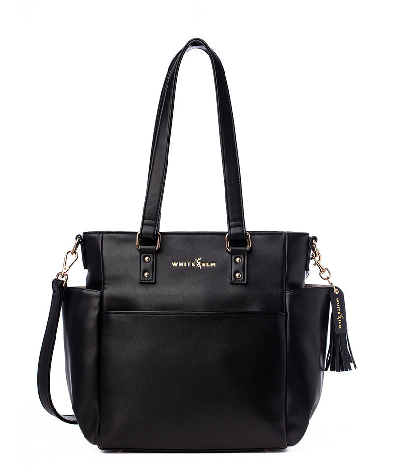 Black Carina tote bag with premium hardware and logo tassel (gold hardware)