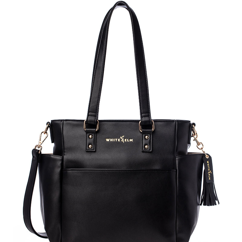 Black Carina tote bag with premium hardware and logo tassel (gold hardware)