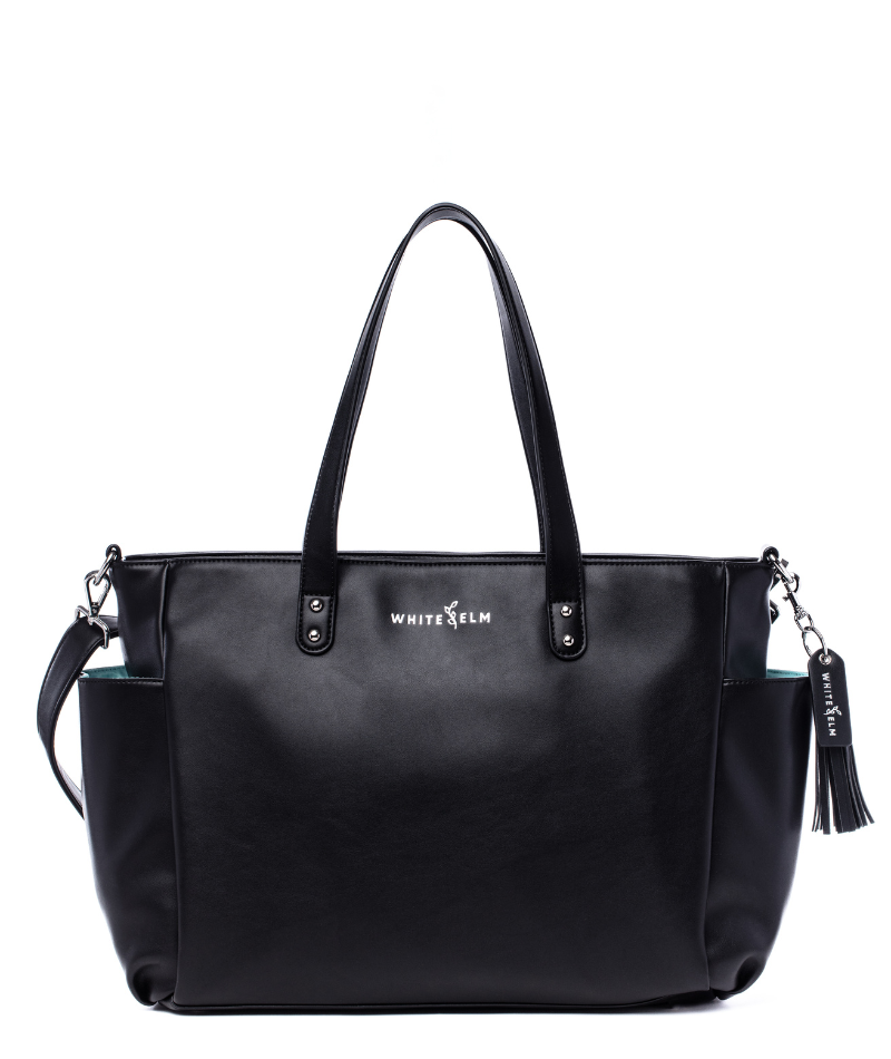 Black Aquila tote bag with premium hardware and logo tassel (silver hardware)