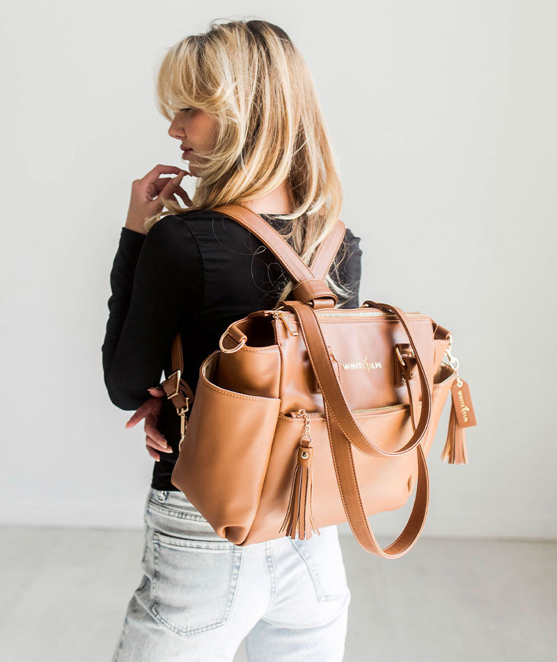Caramel Gemini Mini backpack purse shown from the front