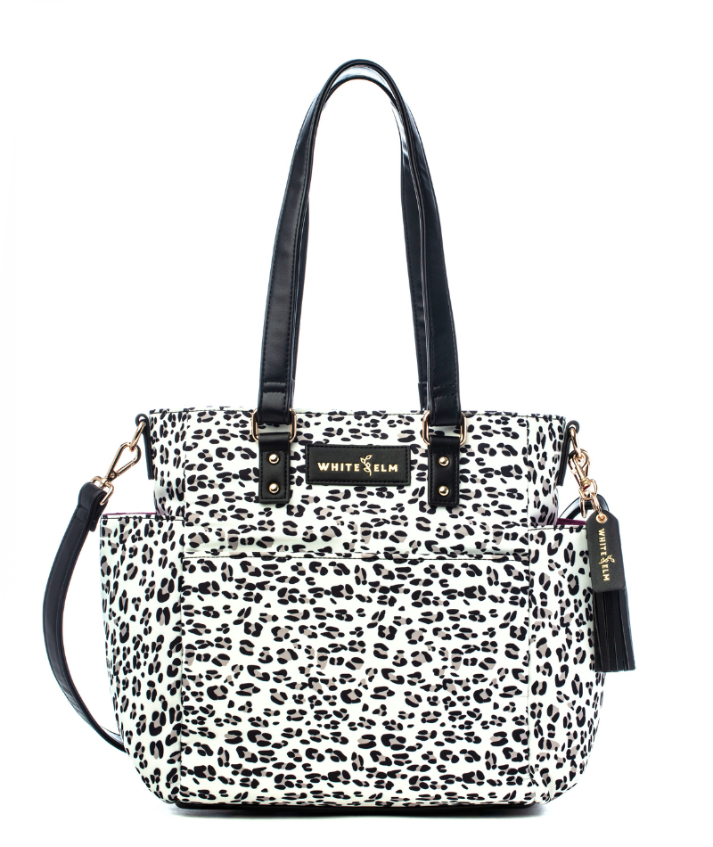 Leopard Nylon Carina tote bag with premium hardware and logo tassel