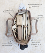 Taupe Aquila Tote Bag by White Elm with features highlighted on a textured beige background