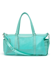 A white elm carmen mint aqua blue green vegan leather and mesh duffel bag with matching top handles and a detachable shoulder strap, shown on a plain white background.