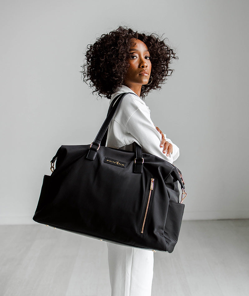 WhiteElm_DarciWeekenderDuffel_Black_Gold_Shoulder.jpg