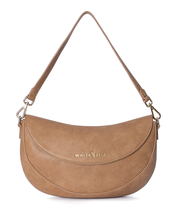 Almond Emily Crescent bag with gold hardware and magnetic flap closure