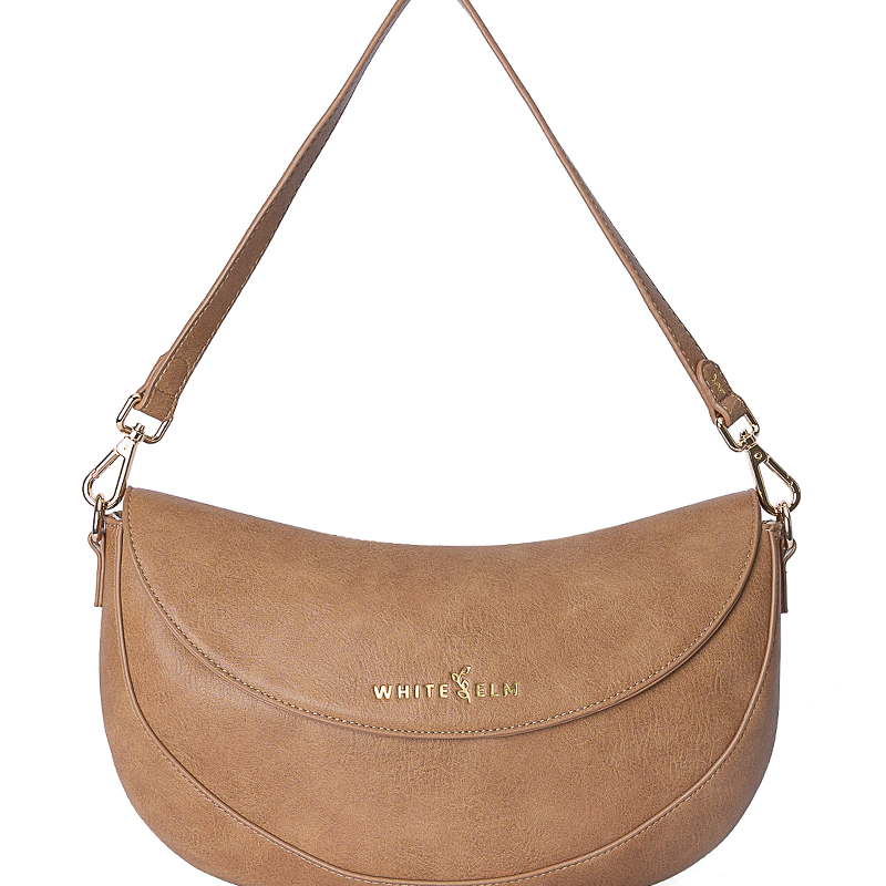 Almond Emily Crescent bag with gold hardware and magnetic flap closure