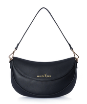 Black Emily Crescent bag with gold hardware and magnetic flap closure