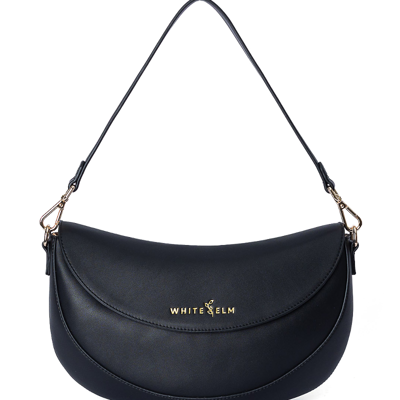Black Emily Crescent bag with gold hardware and magnetic flap closure