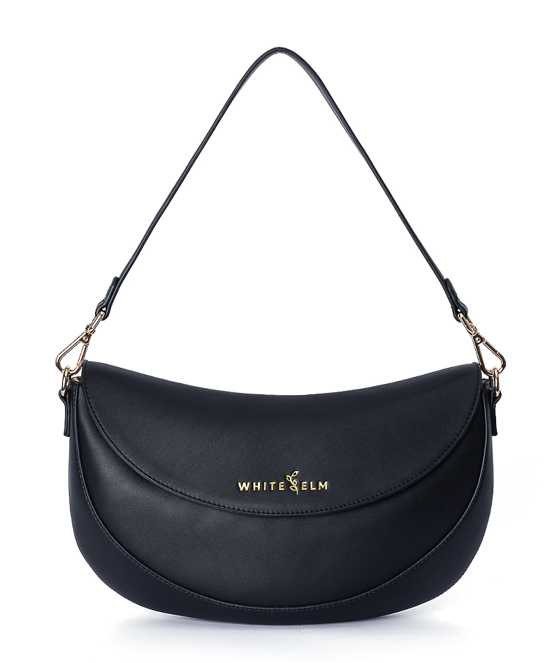 Black Emily Crescent bag with gold hardware and magnetic flap closure