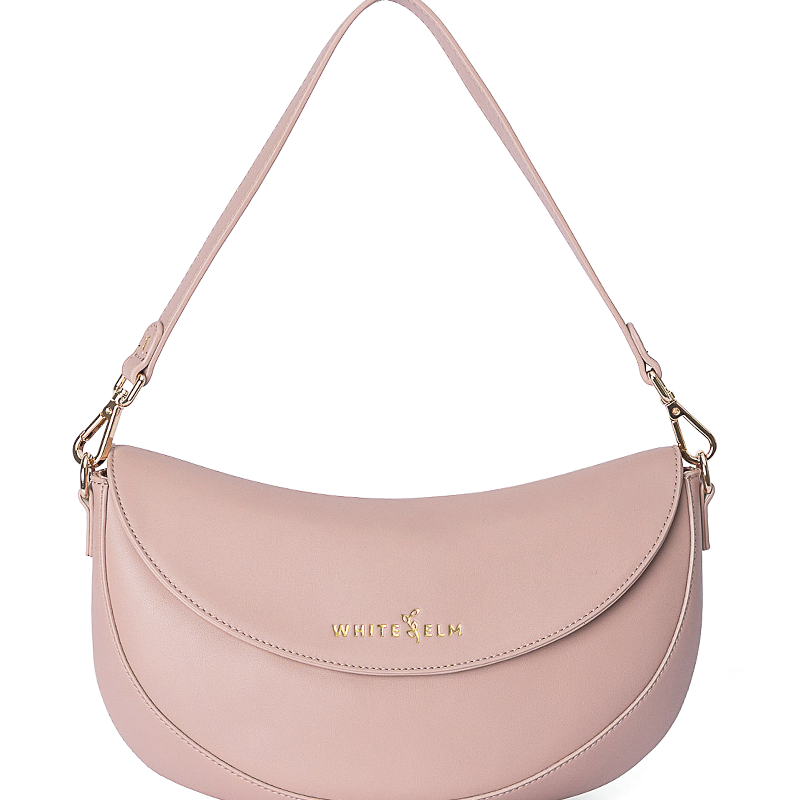 Dusty Rose Emily Crescent bag with gold hardware and magnetic flap closure