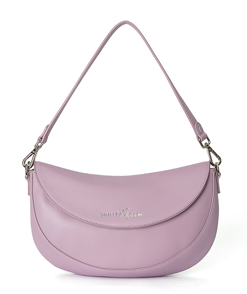 Heather Purple Emily Crescent bag with silver hardware and magnetic flap closure