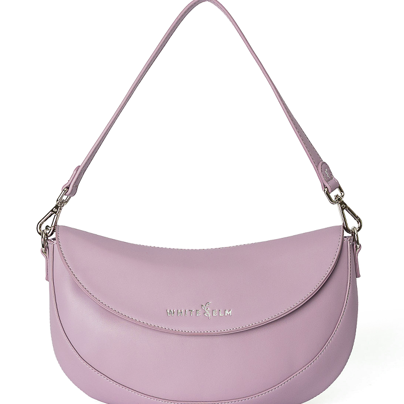 Heather Purple Emily Crescent bag with silver hardware and magnetic flap closure