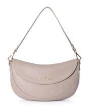 Taupe Emily Crescent bag with gold hardware and magnetic flap closure