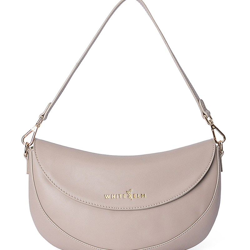 Taupe Emily Crescent bag with gold hardware and magnetic flap closure