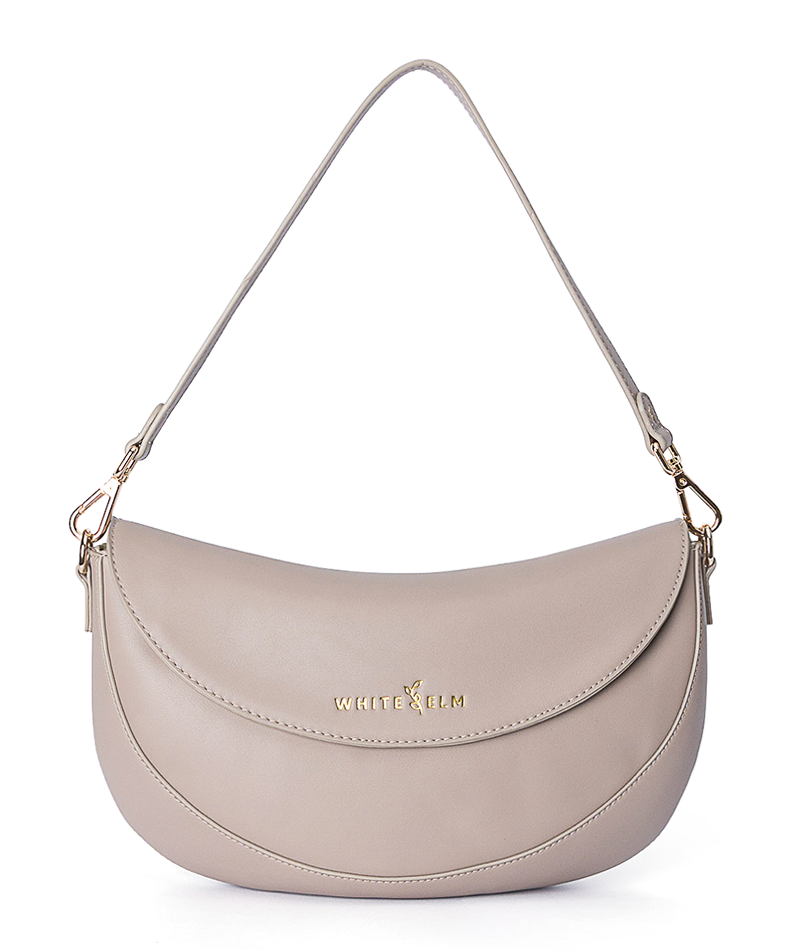 Taupe Emily Crescent bag with gold hardware and magnetic flap closure