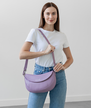 Heather Purple Emily Crescent bag worn over the shoulder, alternate angle