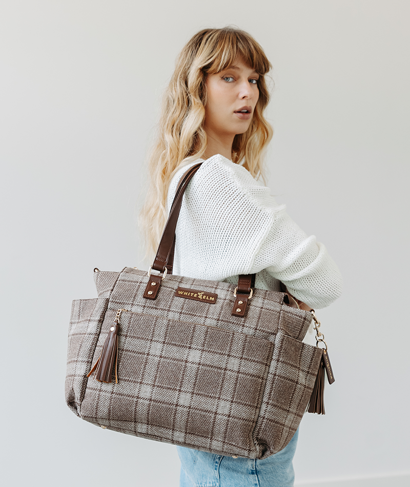 Uptown Check wool Gemini convertible backpack carried as a shoulder bag