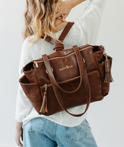Walnut Gemini convertible backpack worn as a backpack