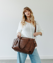 Walnut Gemini convertible backpack worn crossbody