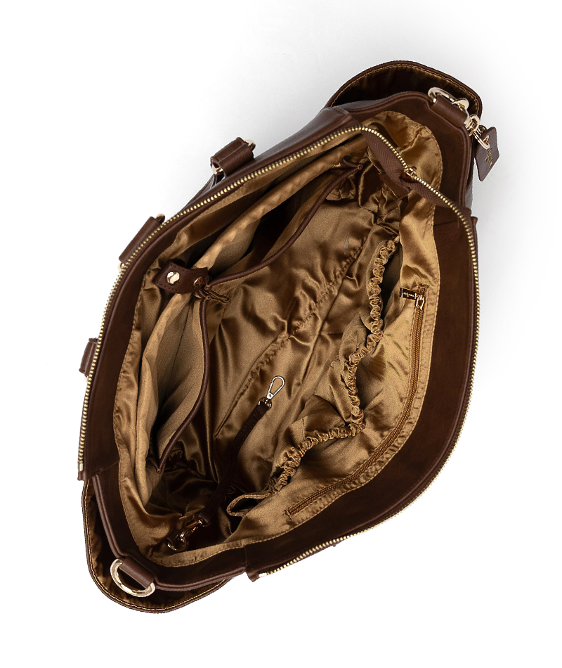 Open Walnut Gemini convertible backpack showing the interior lining