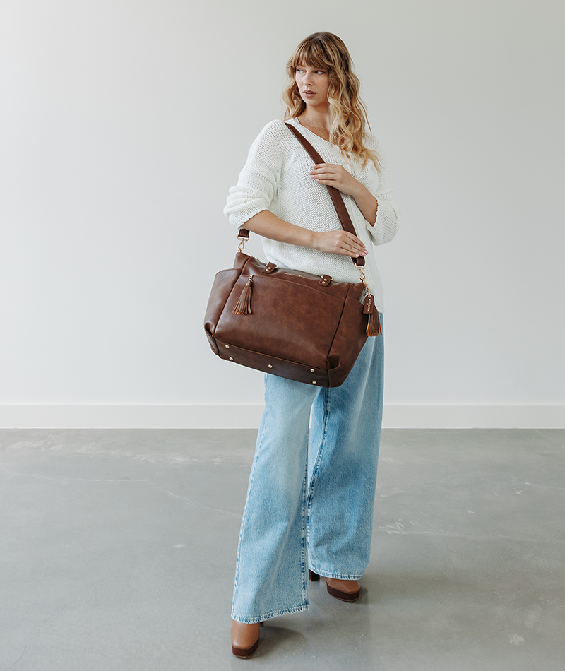 Walnut Gemini convertible backpack with the long strap attached