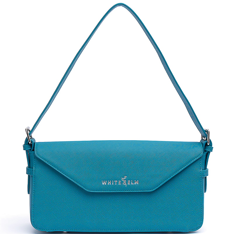 Noemi teal vegan leather east west bag with silver hardware and envelope flap closure
