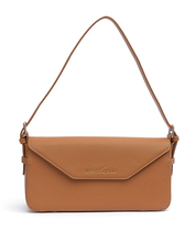 Noemi caramel vegan leather east west bag with gold hardware and envelope flap closure