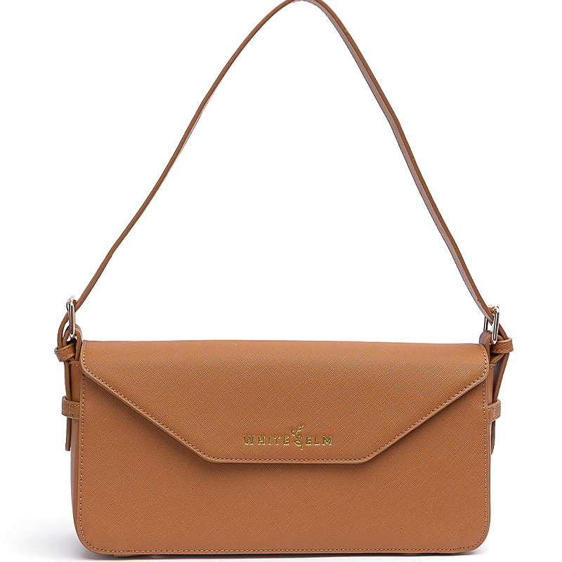 Noemi caramel vegan leather east west bag with gold hardware and envelope flap closure