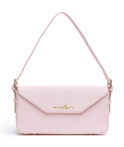 Noemi blush pink vegan leather east west bag with gold hardware and envelope flap closure