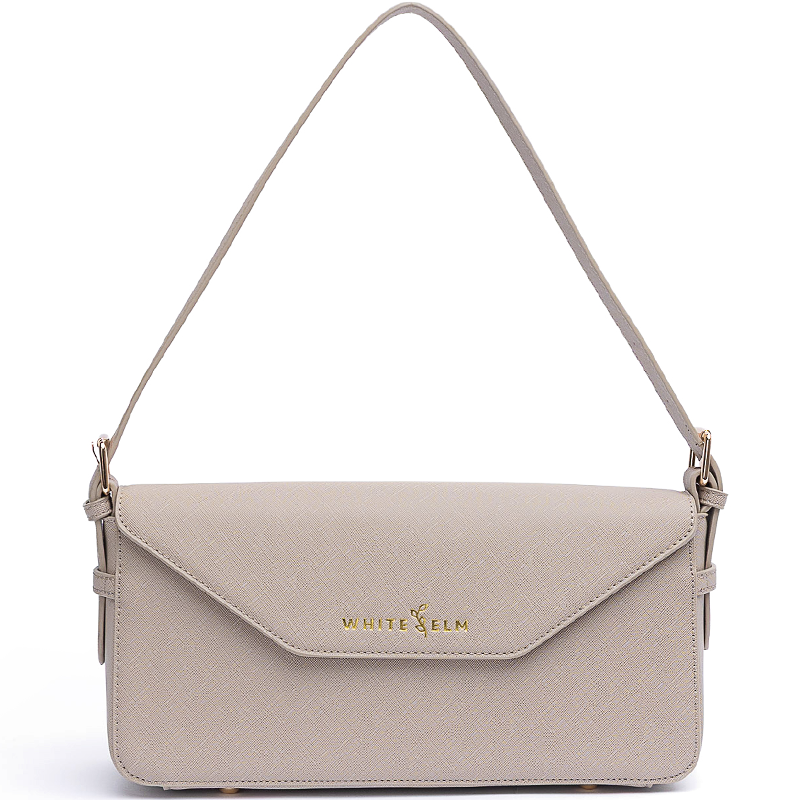 Noemi taupe vegan leather east west bag with gold hardware and envelope flap closure