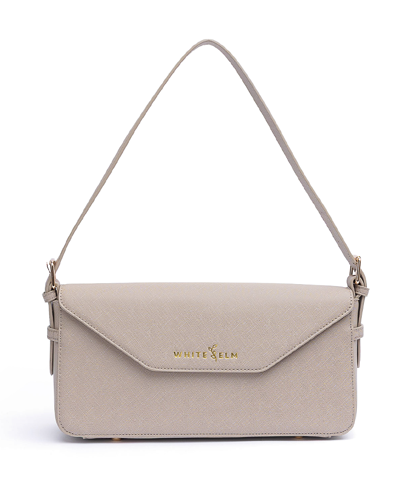 Noemi taupe vegan leather east west bag with gold hardware and envelope flap closure