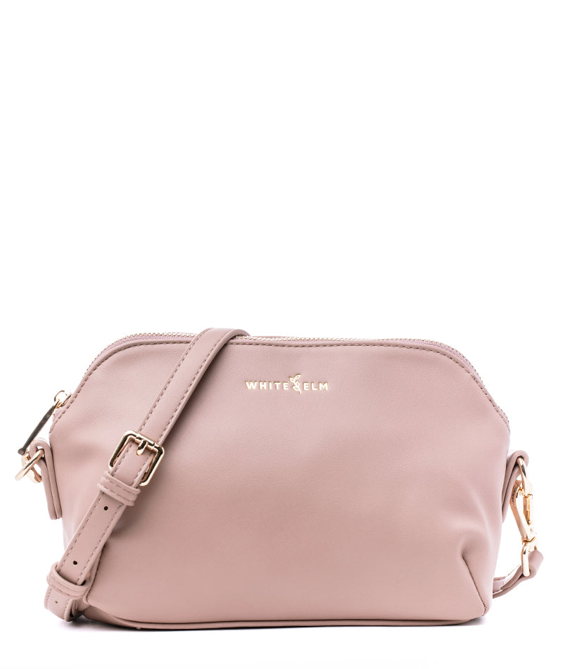 Dusty Rose Rosette Crossbody with premium hardware, studio product shot (gold hardware)