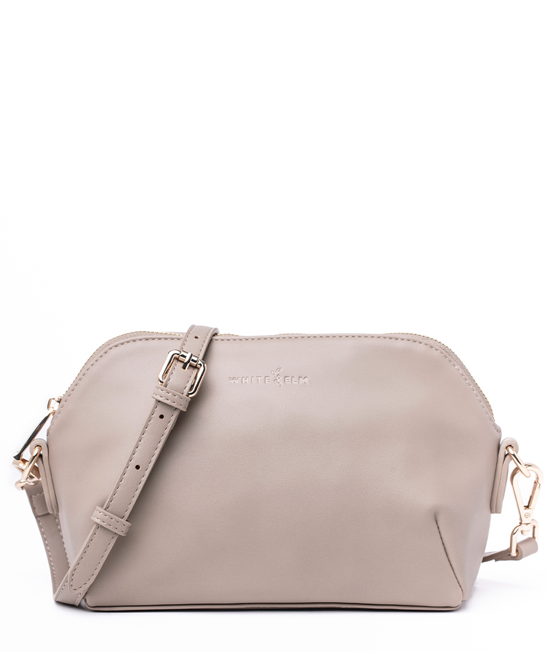 Taupe Rosette Crossbody bag with premium hardware, studio product shot