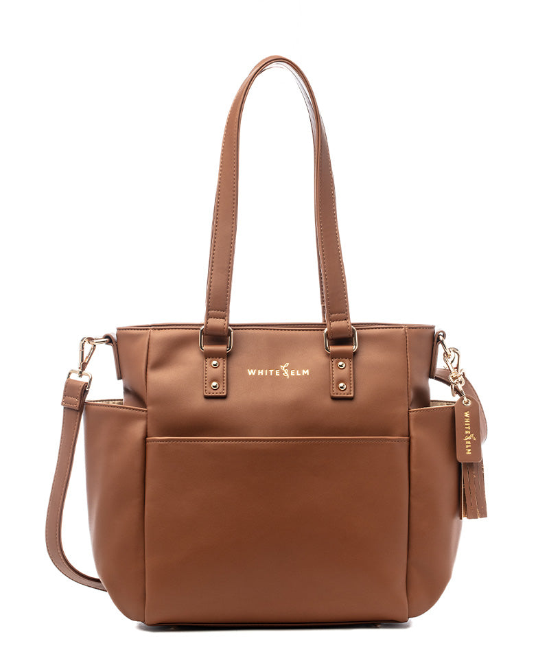 Caramel Carina tote bag with premium hardware and logo tassel