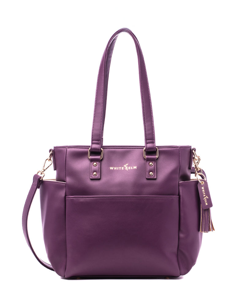 Plum Carina tote bag with premium hardware and logo tassel